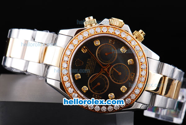 Rolex Daytona Oyster Perpetual Chronometer Automatic ETA Case Two Tone with Diamond Bezel,Black Dial and Diamond Marking - Click Image to Close